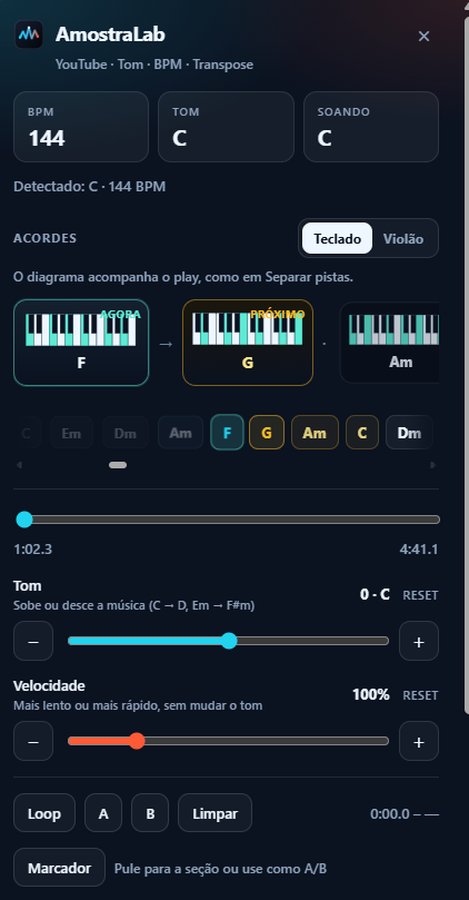 Painel da extensão AmostraLab no YouTube: tom, BPM, acordes no tempo, transpose, velocidade e loop