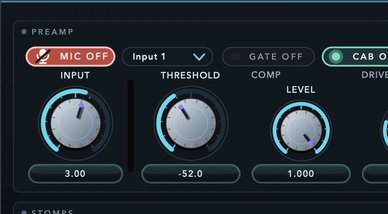 Painel de preamp do LabBass com gate, threshold e level