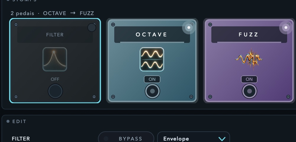 Close dos pedais Filter, Octave e Fuzz do LabBass